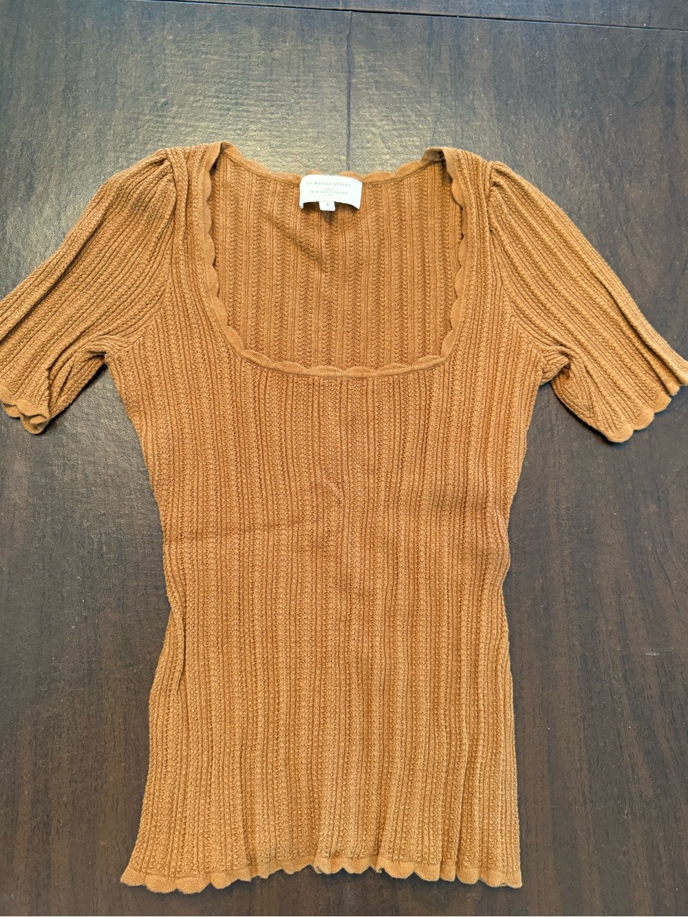 Sezane Women's Ribbed Square-Neck Short Sleeve Top in Camel Brown